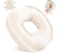 Ear Piercing Pillow with Satin Eye Mask, Donut Ring Cushion for Side Sleepers, Ear Pain Relief & Piercing Aftercare, O-Shaped Ear Guard with Hole and Invisible Zipper, Travel & Home Use (Champagne)