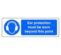 Ear Protection Must Be Worn Beyond This Point - safety sign - High tack self-adhesive sticker (450mm x 150mm) Viewing Distance within 7m.