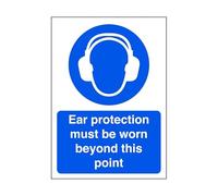 Ear protection must be worn beyond this point - safety sign, ppe clothing, ppe - High tack self-adhesive sticker (400mm x 300mm) Viewing Distance within 14m.