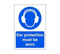 Ear protection must be worn - safety sign, ppe clothing, ppe - High tack self-adhesive sticker (200mm x 150mm) Viewing Distance within 5m.