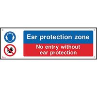 Ear Protection Zone No Entry Without Ear Protection - 150mm x 50mm - 1.2mm Rigid Plastic Drilled Sign (MP13)