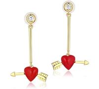 Ear Stud Earrings for Women, Sterling Silver Eros Arrow Synthetic Red Coral Heart-Shaped Long Pendant Ear Line