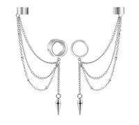Earblity 2PCS 6mm25mm (2G1) Trendy Cuff Clip Triple Chain Dangle Ear Plugs Gauges Screw Ear Tunnels for Women Men Hypoallergenic 316 Stainless Steel Ear Body Piercing Jewelry, 916 (14mm), Metal,