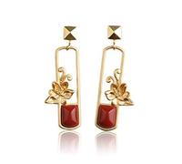 Eardrop Vintage Chinese Style Earrings Women's Antique Gold Plated Silver Gold Plated Plum Flower Embedded Southern Red Agate Earrings As Shown, LJBLEUSK