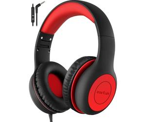 EarFun Kids Headphones, Foldable Headphones for kids, 85/94dB Volume Limiter, Sharing Function, Stereo Sound, Adjustable Headband, Wired Children Headphone with mic for School/Travel/Phone, Black Red