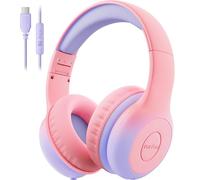 EarFun Kids Headphones, Foldable Headphones for kids with Mic, 85/94dB Volume Limiter, Sharing Function, Stereo Sound, Type C Plug Wired Children Headphone for School/Travel/Phone, Blue Green, Pink