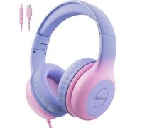 EarFun Kids Headphones Wired, Type C Foldable Headphones for kids with Mic 85/94dB Volume Limiter, Sharing Function Stereo Sound Children Headphones for School/Travel/Phone, Violet