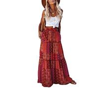 EARKOHA Womens Casual High Waist Tie Paisley Print Long Maxi Skirt with Pockets, Red-1, L