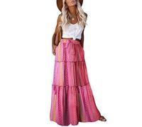 EARKOHA Womens Casual High Waist Tiered Paisley Print Long Maxi Skirt with Pockets, Z-colorful Pink, L