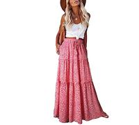 EARKOHA Womens Casual High Waist Tiered Paisley Print Long Maxi Skirt with Pockets, Z-leopard Pink, Medium
