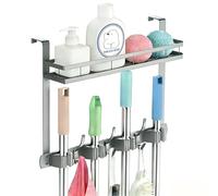 EARLESS BEAR Broom Holder Over The Door Over Door Broom and Mop Rack Over The Door Hooks Organizer With4 Slots & 3 Hooks 1 Storage Basket For Laundry Room, Garage, Closet, Kitchen Decor (grey)