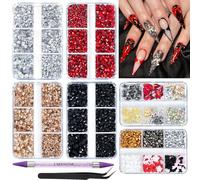 EARLMONI 12000PCS Flat Back Rhinestone Black Red Rhinestones Silver Face Gems Gold Nail Charms Flatback Pearls + Rhinestone Picker Tool 3D Shapes Nails Jewels for Bedazzling Face Makeup and Nail Art
