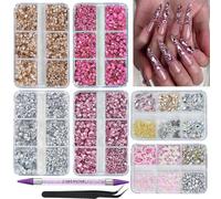 EARLMONI 12000PCS Flat Back Rhinestone Kits Pink Rhinestones Silver Face Gems Gold Nail Charms Flatback Pearls + Rhinestone Picker Tool 3D Shapes Nails Jewels for Bedazzling Face Makeup and Nail Art