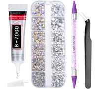 EARLMONI 2800PCS Rhinestones with 15ml B-7000 Rhinestone Glue, Pick Up Tweezers, Rhinestone Picker Pen, 6 Sizes Silver AB Crystal Nail Gems for DIY Crafts Clothing Tumblers Shoes Fabric Nail Art