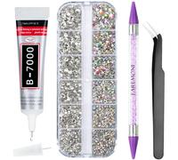 EARLMONI 2800PCS Rhinestones with 15ml B-7000 Rhinestone Glue, Pick Up Tweezers, Rhinestone Picker Pen, 4 Sizes Silver AB Crystal Nail Gems for DIY Crafts Clothing Tumblers Shoes Fabric Nail Art