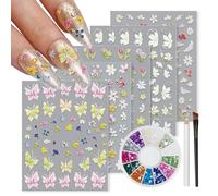 EARLMONI 5 Sheets Nail Art Stickers, 5D Butterfly Nail Decals Flower Nail Stickers for Nail Art, Nail Stickers & Decals with Bursh, Pick Up Tweezers, 1200Pcs Nail Rhinestones