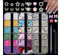 EARLMONI Nail Rhinestones, AB Crystal Nail Gems Flat Back Nail Rhinestones with Nail Pearls Star Heart Bows Flower Nail Charms for Kwaii Y2K Nail Art Decor - 3 Boxes