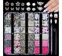 EARLMONI Rhinestones, AB Crystal Nail Gems Pink Opal Nail Rhinestones with Aurora Bubble Beads Pearls Star Heart Bows Nail Charms and Rhinestone Picker Tools for Kwaii Y2K Nail Art Decor - 3 Boxes