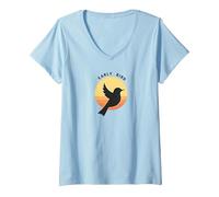 Early Bird Sunrise Silhouette Retro Nature V-Neck T-Shirt, Women, Baby Blue, XL