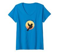 Early Bird Sunrise Silhouette Retro Nature V-Neck T-Shirt, Women, Sapphire, S