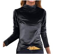 Early Cyber of Monday Womens Velvet Tops Long Sleeve Shirts Casual Blouse Turtleneck Slim Fit Tunic Top 2024 Fashion Spring Clothes Black