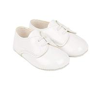 EARLY DAYS Baypods, B010 Lace up Gibson Style Pre Walker Baby Shoes Made in The Softest Faux Leather, White Patent, Made in England