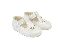 EARLY DAYS Baypods, B617 T Bar with Petal Punch, Pre Walker Baby Shoes Made in The Softest Faux Leather White Patent, Made in England