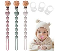 EARLY MINDS 3 PCS Silicone Pacifier Clips, Soother Chain Clip for Baby, Silicone Pacifier Clips for Girls & Boys, Robust (Pink Green Grey)