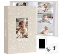 EARLY MINDS Baby Photo Album 6x4 300 Pockets with Memo Area & Hand and Footprint Kit, Linen Cover Slip-in Memory Book with Front Window, Acid-Free Keepsake for Newborn Boy Girl, First Year Moments
