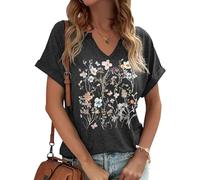 Earlymemb Womens Vintage Flowers V Neck Shirt Boho Floral Wildflowers Graphic Tee Casual Cottagecore Short Sleeve T Shirt Clothing, A-grey, L