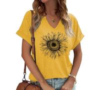 Earlymemb Womens Vintage Flowers V Neck Shirt Boho Floral Wildflowers Graphic Tee Casual Cottagecore Short Sleeve T Shirt, G-o-yellow, S