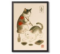 Earning His Stripes Poster, Vintage Japanese Woodblock Cat Poster, Ukiyo-E Tattoo Wall Art, A4 (Black Frame) - 32.7x24.1cm