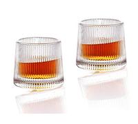 Earnmore Whiskey Glasses Rotatable Decompression Old Fashioned Whiskey Glasses Set of 2 - Bar Whiskey Glasses - Style Glassware for Bourbon - Glasses for Scotch - Rum Glasses (Vertical Texture, 9 oz)