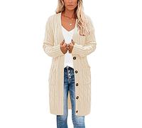 Earnmore Womens Long Cardigan Cable Knit Sweater, Long Sleeve Open Front Button Sweater Coats Outerwear with Pockets for Fall Winter (White, Large)