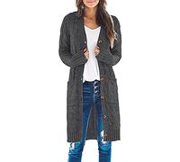 Earnmore Womens Long Cardigan Cable Knit Sweater, Long Sleeve Open Front Button Sweater Coats Outerwear with Pockets for Fall Winter (Gray, Small)