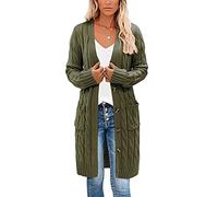Earnmore Womens Long Cardigan Cable Knit Sweater, Long Sleeve Open Front Button Sweater Coats Outerwear with Pockets for Fall Winter (Army Green), S