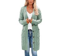 Earnmore Womens Long Cardigan Cable Knit Sweater, Long Sleeve Open Front Button Sweater Coats Outerwear with Pockets for Fall Winter (Light Blue), M