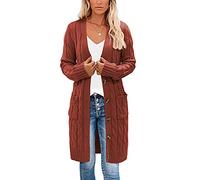 Earnmore Womens Long Cardigan Cable Knit Sweater, Long Sleeve Open Front Button Sweater Coats Outerwear with Pockets for Fall Winter (Wine Red, Medium)