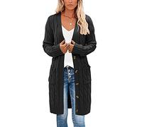 Earnmore Womens Long Cardigan Cable Knit Sweater, Long Sleeve Open Front Button Sweater Coats Outerwear with Pockets for Fall Winter (Black, Large)