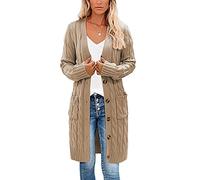 Earnmore Womens Long Cardigan Cable Knit Sweater, Long Sleeve Open Front Button Sweater Coats Outerwear with Pockets for Fall Winter (Khaki, Small)