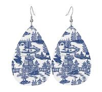 Earring For Women Vintage Blue China Chinoiserie Style Teardrop Leather Earrings Lightweight Leather Dangle Drop Earrings Fashion Women Earring For Girl Decorations Ladies