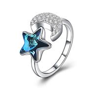 Earrings for Ladies Adjustable Ring Women, S925 Sterling metal Blue Crystal Star Inlaid Cubic Zirconia Moon Fashion Adjustable Open Knot Tail Ring Finger Joint Toe Ring Jewelry F.