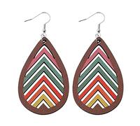 Earrings for Women Men Bohemian Geometric Hollow Teardrop Shaped Colorful Earrings Double Sided Wooden Valentine's Day Wear Decorative Girls' Gifts (Brown, One Size)