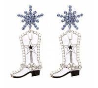 Earrings for Women Pearl Beaded Cowboy Boot Drop Dangle Earrings Shiny Rhinestones Crystal Pearl Star Snowflower Boot For Women Girl Dress Costume Jewelry Accessories Silver