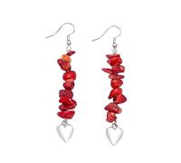 Earrings For Women,Tumbled Stone Red Coral Drop Earrings With Heart Pendant Long Dangle Hook Earrings Healing Crystal Reiki Balance Chakra Jewelry Gift For Girls Mother Wife