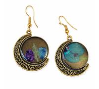 Earrings | Handmade Earrings for Women | Real Pressed Flowers Dangle Earrings - Half Moon Round Globe Silver Steel Drop Earrings for Women | Gifts for Women Birthday, Anniversary & Valentines