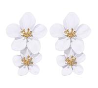 Earrings Jewelry Elegant Large Metal Double Luster Flower Earrings Dangle Drop Flowers Wedding For Women Girls Teens Anniversary Friendship Jewelry Gifts (White, One Size)