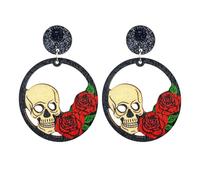 Earrings Set Halloween Earrings With Black Rings Bohemian Pumpkin Flower Spliced Wooden Stainless Steel Hoop (E, 7cm)