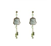 Earrings Stud Earrings Women vintage Natural Stone Green Bamboo Fan Long Tassel Earrings Female Classic Party