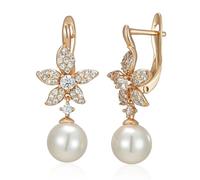 EarringWomen Stud Hoop Luxury Crystal Flower Pearl Long Trendy Rose color With Natural
